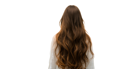 Woman with long, wavy hair looking away, white isolate background.
