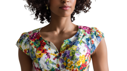 Woman with curly hair in vibrant floral dress, isolated on white background.