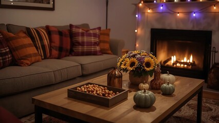 Living Room Displays Autumn-Themed Cozy Interior with Fireplace and Seasonal Decor