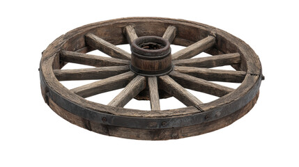Wooden vintage wheel, detailed craftsmanship, isolated on white background.