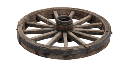 Wooden vintage wheel, detailed craftsmanship, isolated on white background.