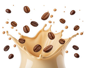 Coffee beans splash into creamy liquid isolated on transparent background