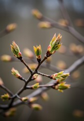 Close Up of New Green Buds on a Branch in Spring