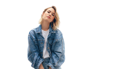 Young woman in denim jacket poses confidently against a white background.