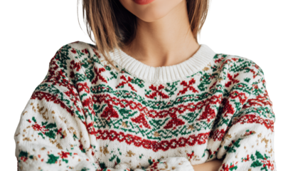 Young woman in a festive sweater with a cheerful expression, perfect for celebrating holiday spirit.
