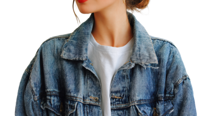 Young woman in denim jacket with a casual style and natural makeup, isolated on white background.