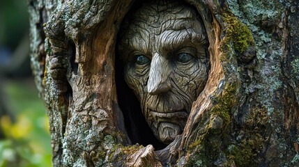 Intricate wooden face carved within a weathered tree trunk.