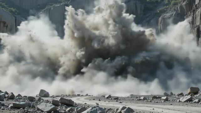 Controlled demolition or explosion sequence in a quarry blasting site operation