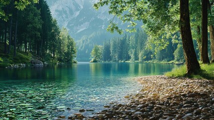 Serene mountain lake nestled within a verdant forest.