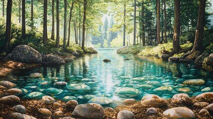 Serene, sunlit forest stream scene with smooth stones.