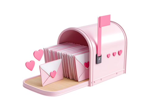 Pink Blank Valentines Card in Mailbox with Heart Shaped Confetti, Copyspace isolated on a transparent background