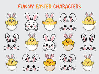 Fototapeta premium Cute Funny Easter Characters , Cartoon Bunny and Chick Clipart Collection.