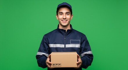 Cheerful delivery man branded uniform holding small cardboard box green screen sharp logistics courier retail business generative ai