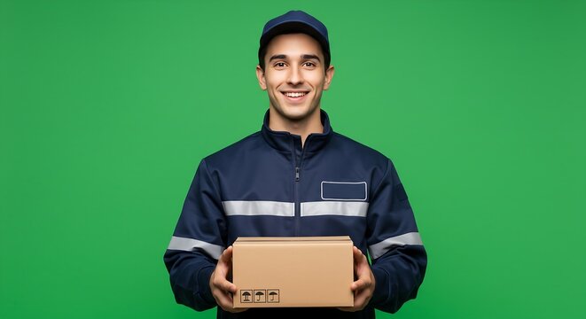 Cheerful delivery man branded uniform holding small cardboard box green screen sharp logistics courier retail business generative ai