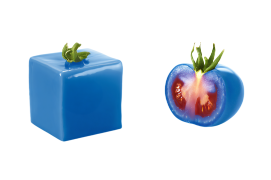 a blue cube with a tomato cut in half