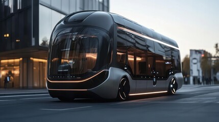 Obraz premium Futuristic Autonomous Bus on City Street at Dusk