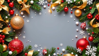 a festive frame with sparkling gold and red holiday ornaments, snowflakes twinkling along the edges, perfect for christmas promotions or seasonal greeting cards with text space in the center.