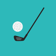 Golf ball and club on teal background, illustration