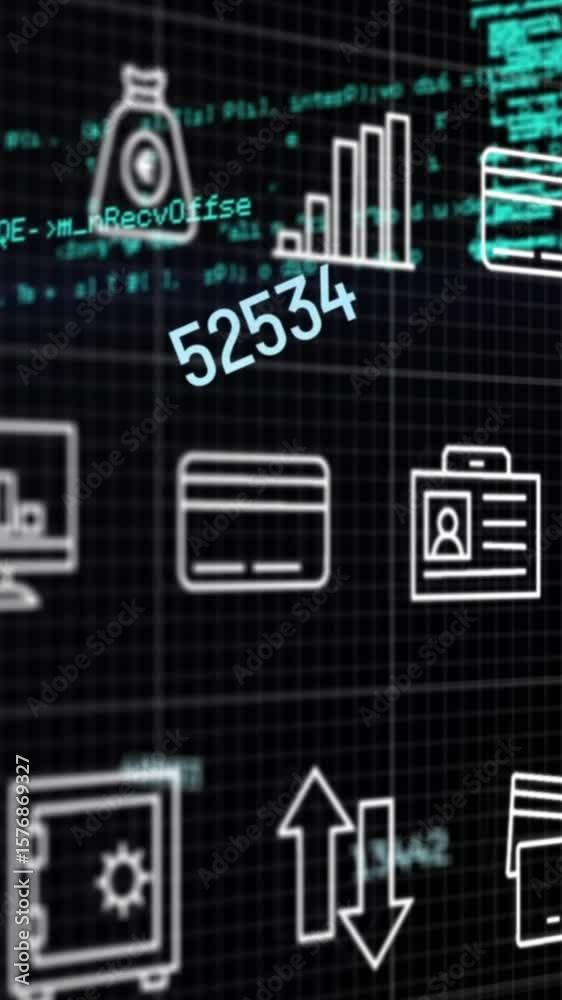 Aufkleber animation of interface with multiple digital icons and data processing against black background