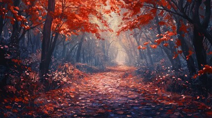 Autumnal forest path shrouded in misty hues.