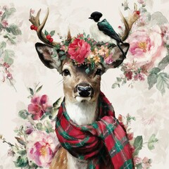Deer wears flower crown and scarf with bird perched in a floral setting Generative AI