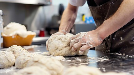Fototapeta premium Crafting Dough by Hand in a Modern Kitchen: A Baking Artistry Scene