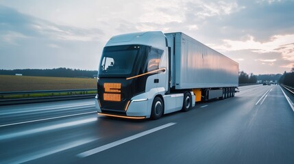 Futuristic Semi-Truck on Highway at Sunset