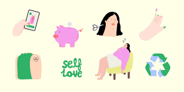 Self care. To-do list. Hair cut, manicure, pedicure, tattoo, self love, nap, recycle, gift buying, piggy bank, shopping. Flat vector illustration.
