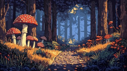Pixelated forest path with vibrant mushrooms.