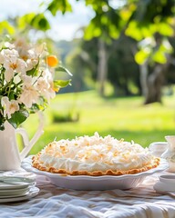 Coconut Cream Pie in a Sunny Garden Setting