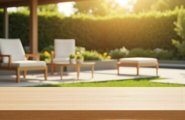 Matte teak wood tabletop with outdoor garden patio background, flower bed and golden hour light, lifestyle surface photo for skincare or drink branding