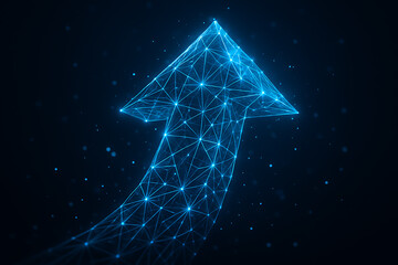 Curved glowing arrow rising in futuristic mesh style indicating acceleration advancement and innovation in technology growth and performance driven digital environment