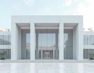 Modern bank office building architecture with glass window walls and pillars. AI generated