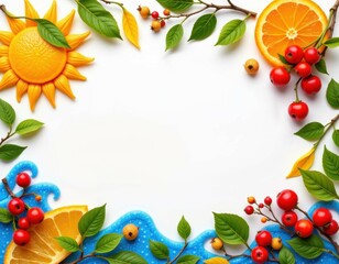 Fototapeta premium Tropical fruit and flower frame with colorful natural elements arranged as a decorative border