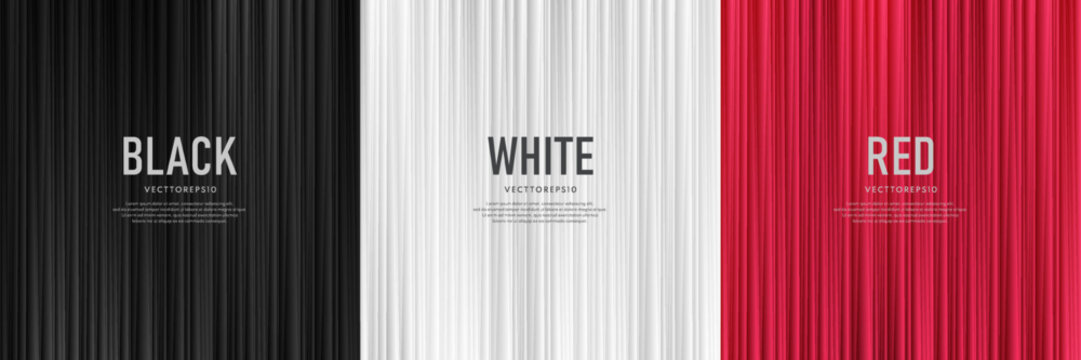 Set of red, black and white abstract background vertical stripes lines pattern with light, shadow. Simple template banner design. Modern futuristic concept. Use for book cover, poster, web, Print ad.