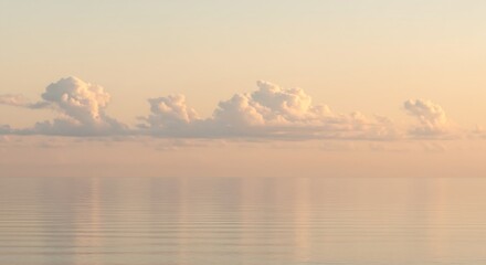 Naklejka premium Pastel sky drifting soft clouds calm ocean minimalist horizon warm lighting ultra-wide landscape calming room décor printable meditation wallpaper generative ai