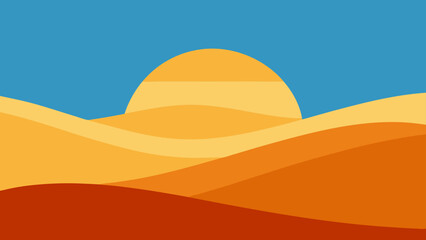 Abstract vector illustration of a vibrant desert landscape at sunset, featuring mountains, sand, and an orange sky
