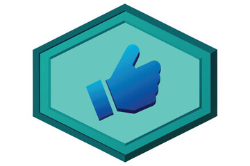 3D isometric thumbs up icon inside a translucent hexagon badge  eps