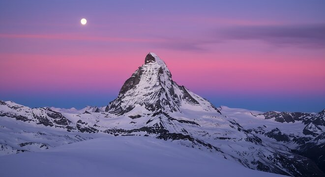 Hyper-detailed snow-covered mountain peak twilight sky soft pink purple gradient clouds moon glowing cinematic sharp rich depth landscape print wallpaper generative ai