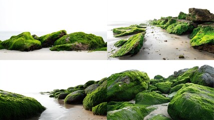 Moss-covered rocks line a sandy shoreline, against a misty sky, multiple viewpoints
