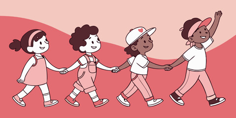 March of the little ones hand drawn art childhood journey of kids in a row school children in Line doodle art in pink background vector illustration.