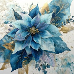 Beautiful blue floral arrangement featuring leaves and petals with gold accents in an artistic design Generative AI