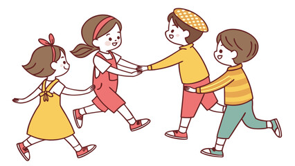 Naklejka premium Handmade picture of kids silhouette cartons walking, playing, dancing in happy mood sketch style artwork in a circle or straight line in white background vector illustration. 