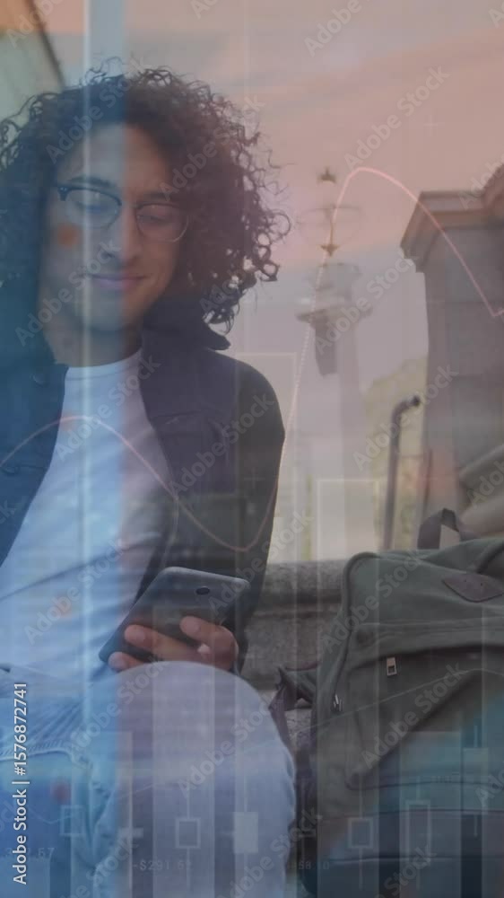 Poster animation of data processing over man using smartphone