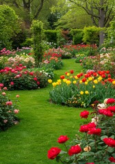 Vibrant Spring Garden with Red Roses and Yellow Tulips