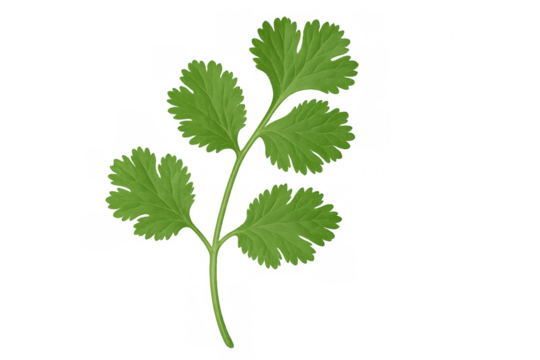 Verdant coriander sprig standing isolated, highlighting fresh herb's delicate structure against crisp transparent backdrop for culinary imagery