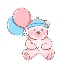 bear in hat, kawaii bear cartoon illustration ,pink flat vector of adorable teddy bear with balloon