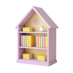 Cute cartoon house shaped bookshelf with colorful books isolated on transparent background