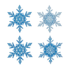 Four Unique Snowflakes in Various Shades of Blue Against a Transparent Background for Winter Themes