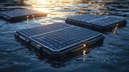 Floating solar panels on a calm water surface at sunset.